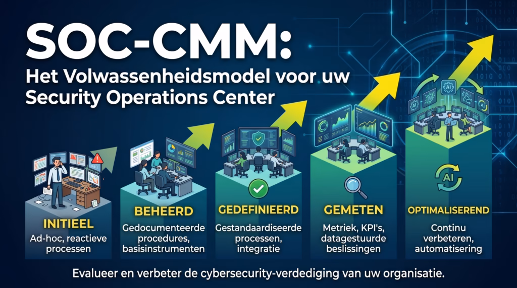 SOC-CMM volwassenheidsmodel met vijf domeinen en volwassenheidsniveaus 0 tot 5
