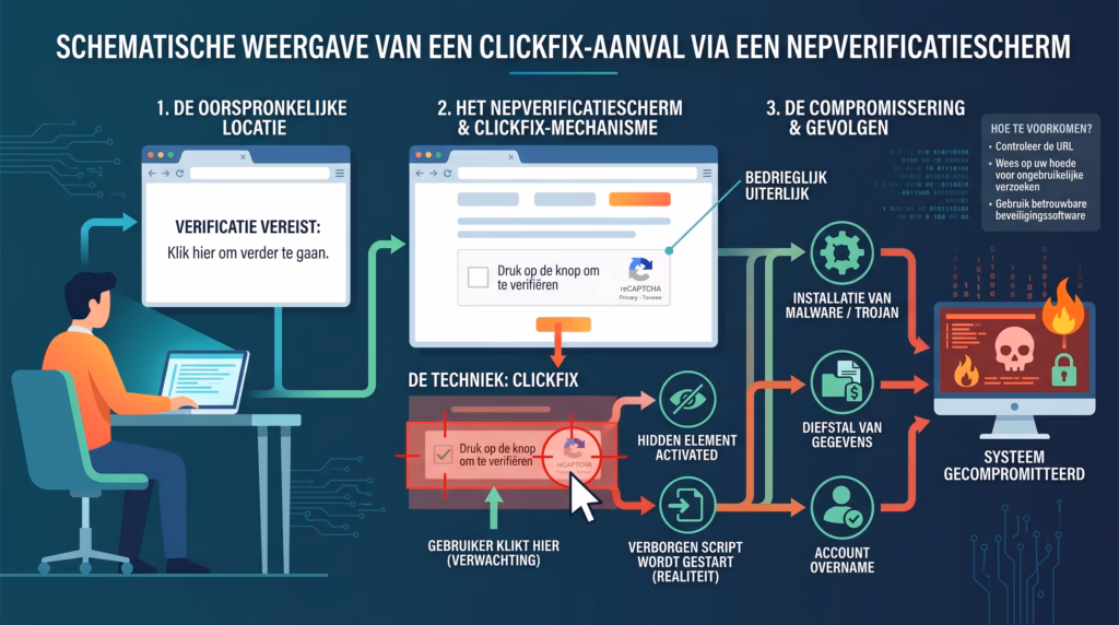 Schematische weergave van een ClickFix aanval via een nep verificatiescherm