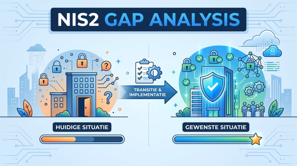 Schema van een NIS2 gap analyse met huidige situatie en vereiste situatie